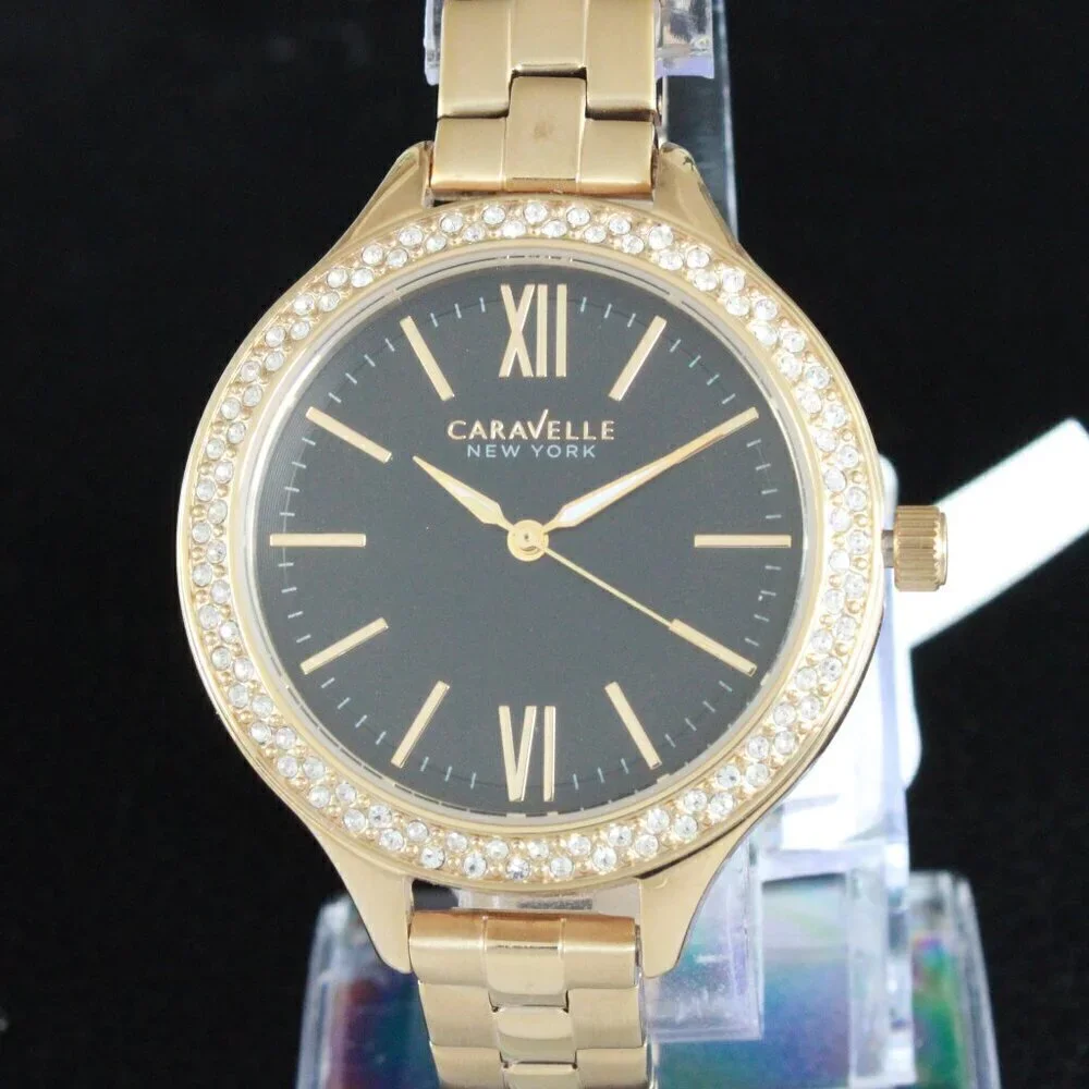 Caravelle New York Ladies Casual Watch Swarovski Crystal Bezel Gold Tone 37mm